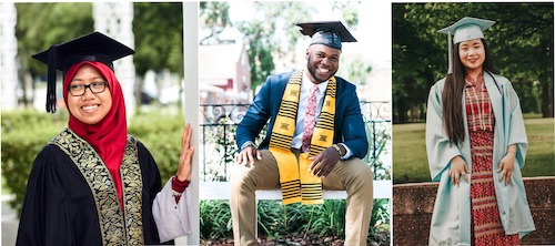 photo collage of thre graduating students: 1. photo by Ihsan Aditya of woman wearing Islamic head covering, 2. photo by nappy of African-American man, 3. photo by Vantha Thang of Asian woman.  All are smiling.