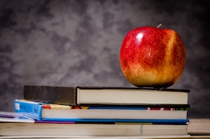 photo by Pixabay of red apple on top of books