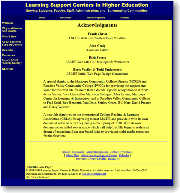 Image of LSCHE 1.0 Acknowledgements page showing the bright yellow and blue theme of the original LSCHE website